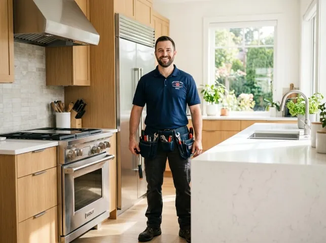 Appliance Repair Hero technician in a Bakersfield, VT kitchen after an appliance repair