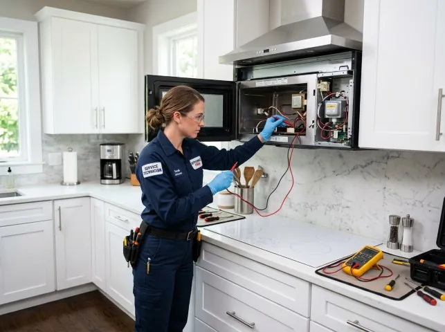 Appliance Repair Hero technician testing an over-the-range microwave in a Bakersfield, VT kitchen